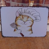 Метална табела храна коте готвач шапка лъжица дървена черпак, снимка 1 - Декорация за дома - 43461309