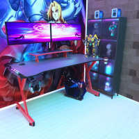 Геймърско бюро LED, HLONONE HLGD-RDYSTA, 120 x 60 x 74 cm, Черно-Червено, снимка 3 - Бюра - 44879856