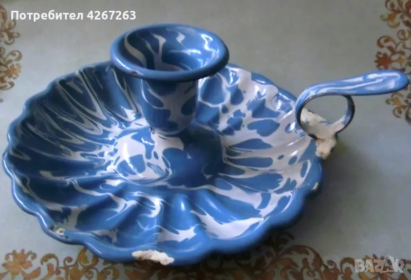 Старинен френски свещник, емайлиран, снимка 1