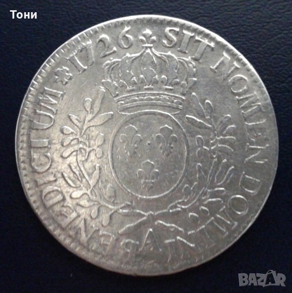  Монета Франция 1 Екю 1726-А  Луи XV, снимка 1