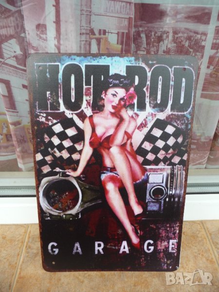 Метална табела кола Hot Rod Garage двигател тунинг чип секси, снимка 1