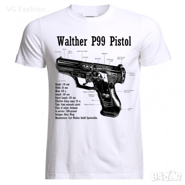 Мъжка Тениска Валтер Пистолет Walther P99 Pistol Blueprint Patent Handgun , снимка 1