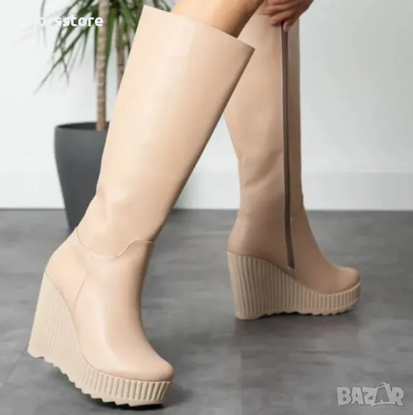 Ботуши на платформа - бежова кожа с бежово ходило - BNP200, снимка 1