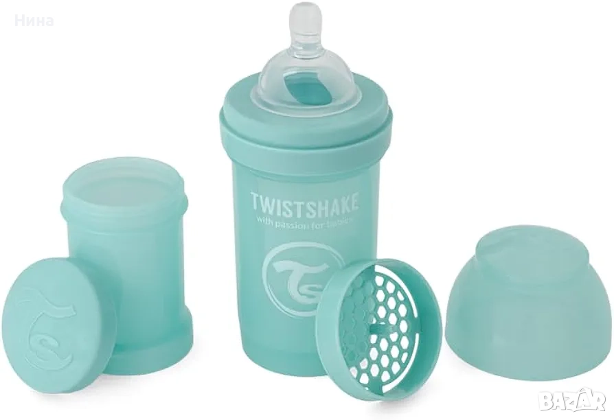 Twistshake антиколиково бебешко шише с контейнер за мляко на прах и миксер, 180 мл , снимка 1