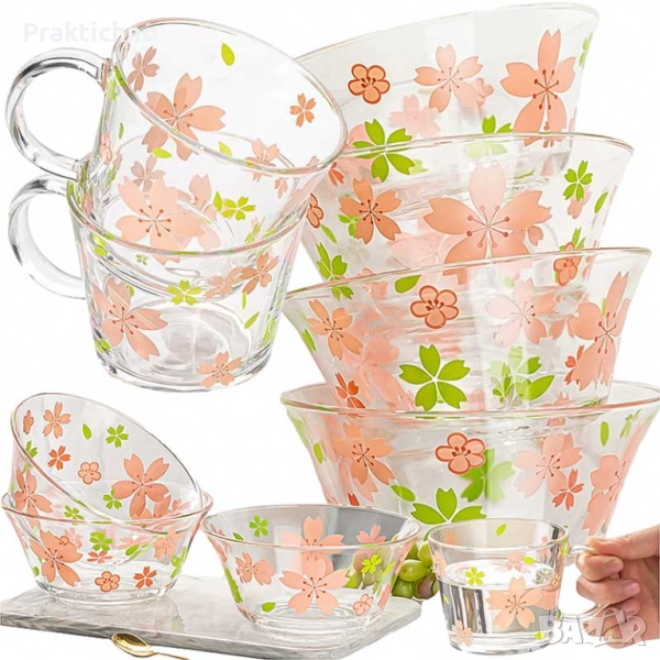 Сервиз от стъклени купи и чаши с флорален дизайн – 6 части, снимка 1