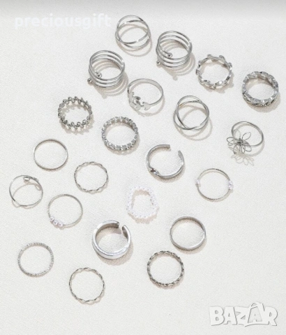 Комплект бижута - 22 броя пръстени, налични в цвят злато или сребро, снимка 10 - Пръстени - 53071172
