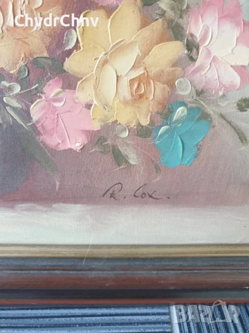 Robert Cox 63х53см/стара картина масло върху платно/натюрморт ваза с цветя/дървена рамка, снимка 6 - Картини - 50895732