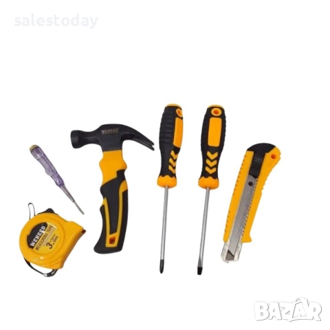 Комплект инструменти, Чук, отвертки, нож, фазомер и ролетка, 6 части