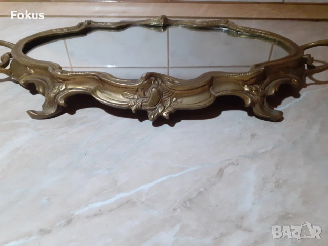 Стар голям масивен бароков поднос - бронз, огледало, снимка 2 - Антикварни и старинни предмети - 53286102