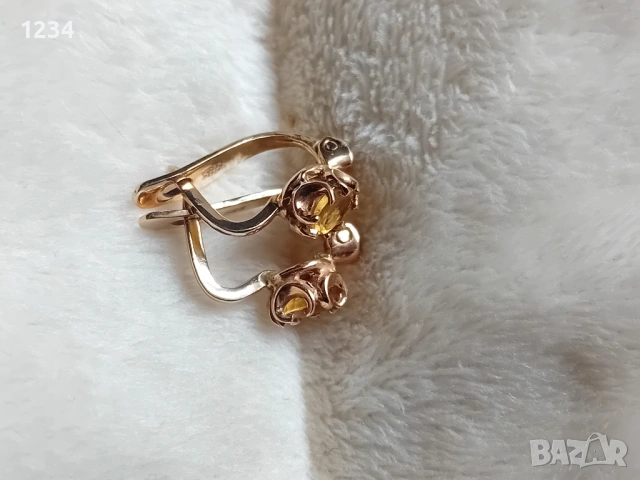 Златни обеци с естествен цитрин, снимка 3 - Обеци - 53451250