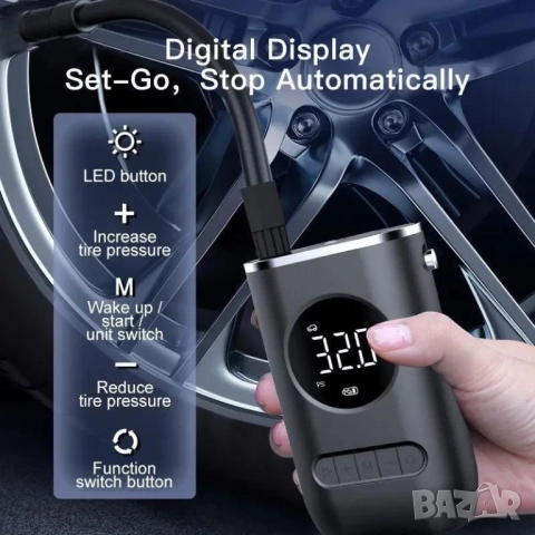 Преносим акумулаторен компресор с цифров дисплей и интелигентни функции MK3668, снимка 4 - Аксесоари и консумативи - 53002057