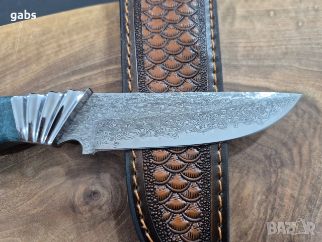 Ловен нож дамаска VG10 стомана,уникална дръжка и кожена кания,LN436, снимка 5 - Ножове - 52950791