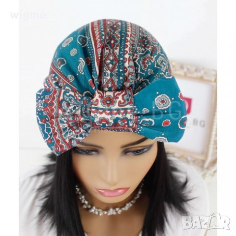 Тюрбан за коса с пандела и орнаменти в синьо-зелено, снимка 4 - Аксесоари за коса - 33650333