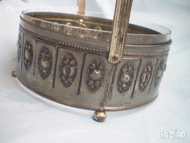 Винтидж бонбониера метал- стъкло дръжка за бонбони бисквити със  стъкло, снимка 2 - Други ценни предмети - 40157292