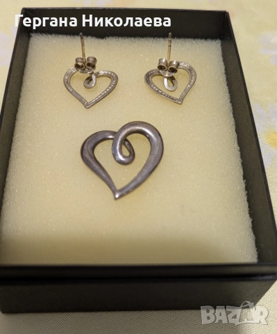 Комплект сребърни обеци и висулка сърце, снимка 3 - Обеци - 52424821