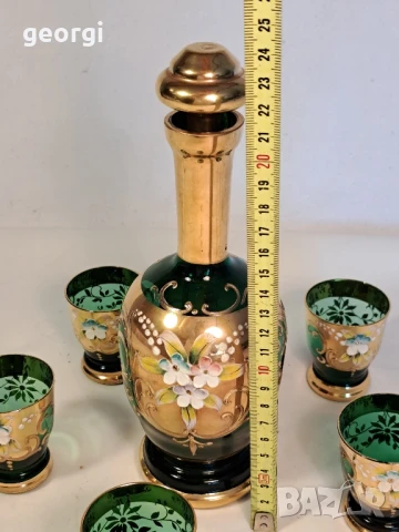 декантер с пет чаши Bohemia цветно стъкло с позлата , снимка 7 - Антикварни и старинни предмети - 50885962