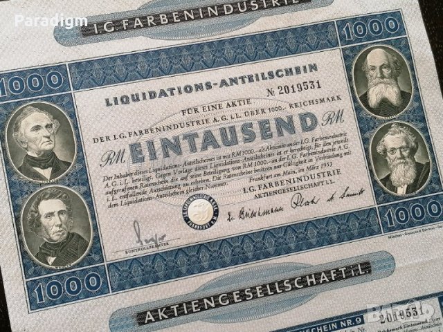 Ликвидационен дял | 1000 RM | I.G. Farbenindustrie | 1953г., снимка 2 - Други ценни предмети - 28233604