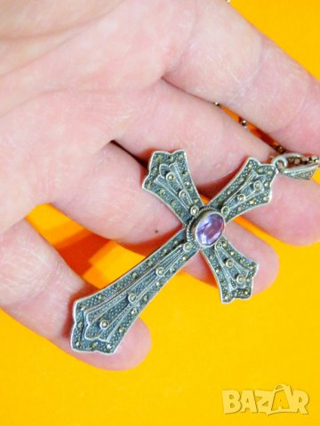голям стар кован сребърен  кръст с аметист, маркенази и сребърен синджир православен кръст сребро, снимка 4 - Колиета, медальони, синджири - 38915468