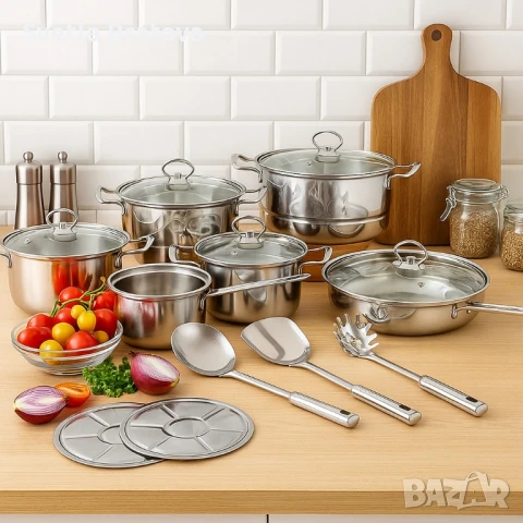 Премиум комплект съдове и прибори за готвене от неръждаема стомана – 18 части, снимка 3 - Съдове за готвене - 51412894