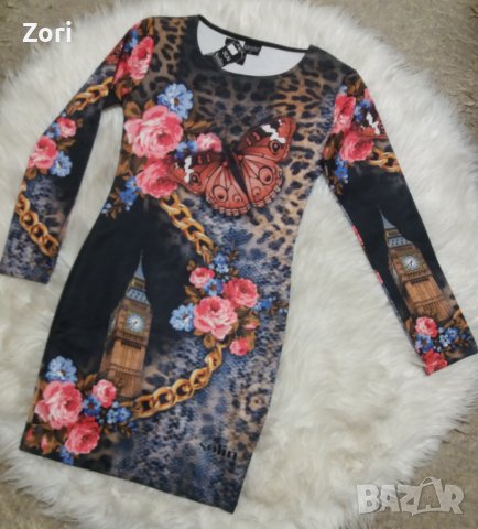 Къса рокля по тялото с цветен принт, снимка 1