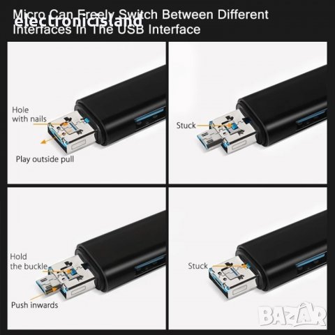 Универсален метален Четец на карти с памет 5 в 1, USB, Type C, Micro USB, SD TF, OTG, снимка 4 - USB Flash памети - 40101717