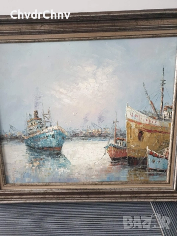 Ashley 74х64см/голяма картина масло върху платно/морски пейзаж/пристанище-рибарски кораби, снимка 2 - Картини - 52548497