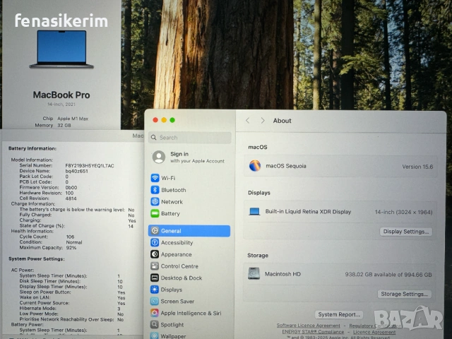 14' Apple MacBook Pro 2021 M1 MAX Space Grey 32GB RAM/1TB SSD/Бат 100 цик., снимка 6 - Лаптопи за работа - 53427569