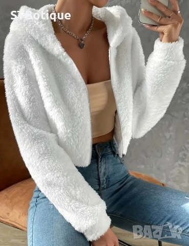 🧥 Черно/Бяло плюшено дамско палто с качулка – STBoutique, снимка 5 - Якета - 51938079