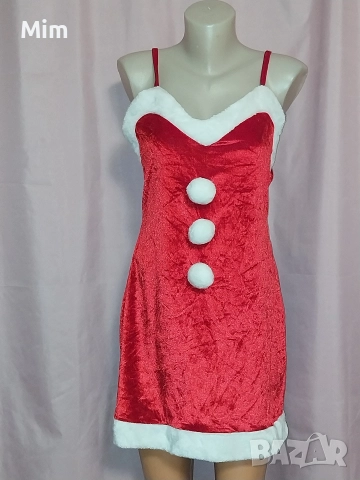 М Червена рокля с бели пухчета за Коледа , снимка 2 - Рокли - 52645968
