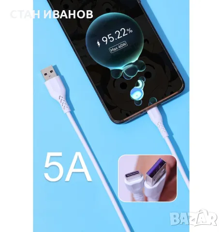 Кабел Type-C 1TECH JYS-003T, 5A, 1 метър, Бял, снимка 2 - USB кабели - 47704182