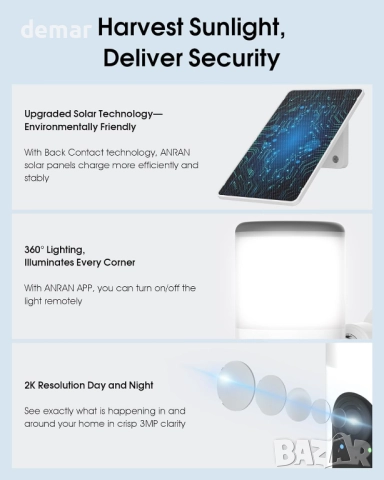 ANRAN 2K безжична соларна охранителна камера с прожектор, PIR детектор, снимка 4 - IP камери - 51719849