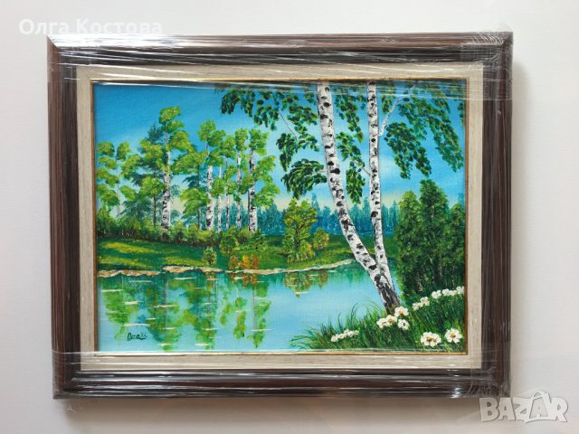 Картина за подарък. Картина с акрилни бои. Пейзаж "Брези край езерото", снимка 1 - Картини - 43401345