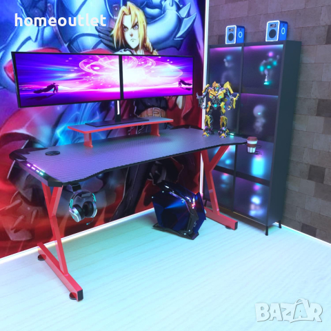 Геймърско бюро LED, HLONONE HLGD-RDYSTA, 120 x 60 x 74 cm, Черно-Червено, снимка 3 - Бюра - 44879856