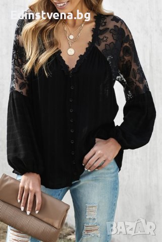 Ефектна дамска блуза в черно, снимка 1 - Блузи с дълъг ръкав и пуловери - 43259178