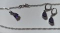 Дамски комплект синджирче, висулка и обеци с лилав кристал, нови, щампа 925, снимка 10