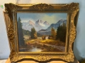 алпийски пейзаж/платно/ в масивна барокова рамка, снимка 1