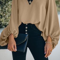 Дамска блуза в бежово с дълъг ръкав и дантела, снимка 2 - Блузи с дълъг ръкав и пуловери - 40698203