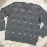 УНИКАЛЕН мъжки пуловер с остро деколте - сив на ситно райе, снимка 1 - Пуловери - 43280083