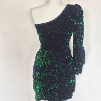 Уникална зелена рокля с пайети с едно рамо, снимка 2 - Рокли - 43147108