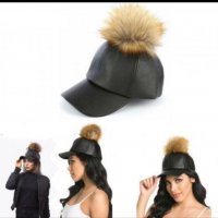 дамска шапка козирка естествена кожена с пух от лисица естествен косъм, снимка 1 - Шапки - 27153791