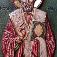 Ръчно рисувана Икона от дърво на Свети Николай Чудотворец, снимка 4 - Икони - 32228072