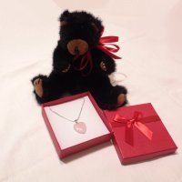 Ново Колие Сърце с играчка черно мече посребрено с розов кварц подарък за жена