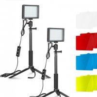 2 комплекта с димируема 5600K USB LED видео светлина с регулируема стойка за статив и цветни филтри , снимка 1 - Светкавици, студийно осветление - 39699181