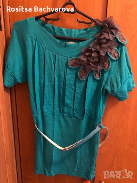 Синьо-зелена блузка с акценти на рамото, снимка 1