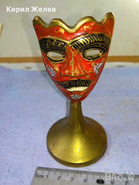 Стара АЗИАТСКА ФОЛКЛОРНА ТРАДИЦИОННА БРОНЗОВА МАСКА ЦВЕТЕН ЕМАЙЛ РЪЧНА ХУДОЖЕСТВЕНА ИЗРАБОТКА 42692, снимка 1