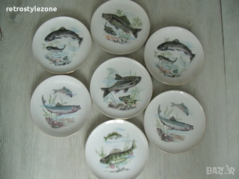 № 7964 стари японски порцеланови чинии - 7 броя   - SAITO JAPAN  - илюстрации - риби  , снимка 1