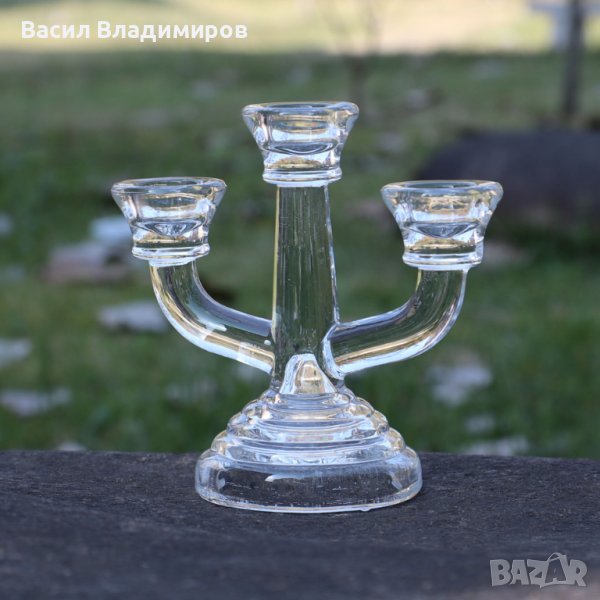 Стъклен троен свещник, снимка 1