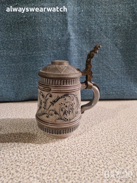 Стар немски бокал / халба / чаша - керамика и метал, снимка 1