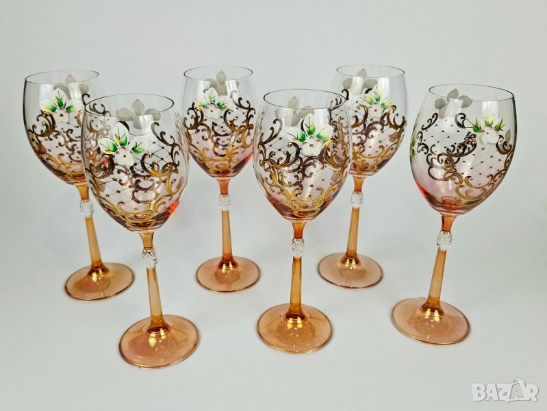 Комплект от 6 ръчно декорирани чаши за вино, снимка 1