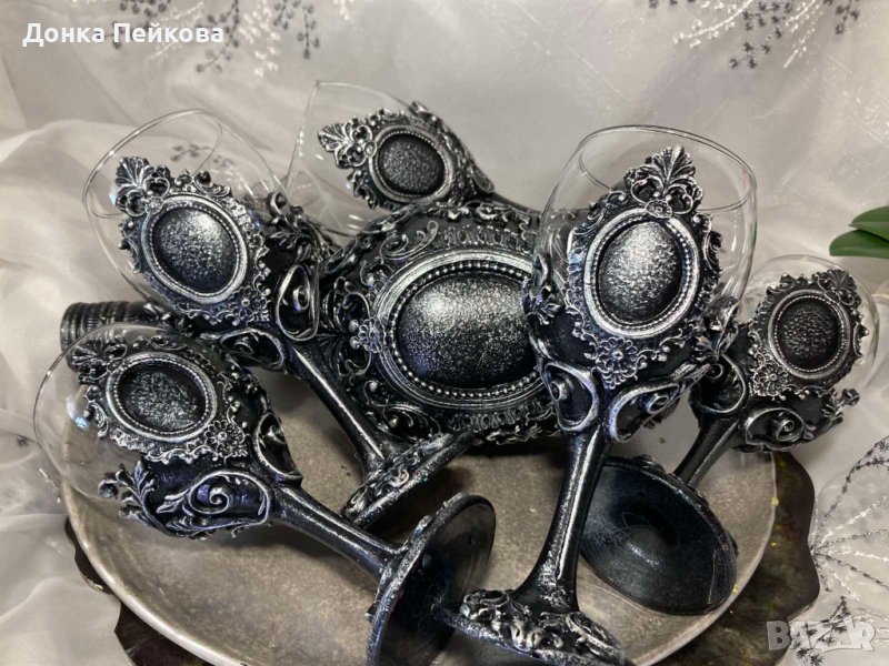 Сервиз за аперитив от 6 чаши и бутилка за любимо питие  ръчна изработка, снимка 1